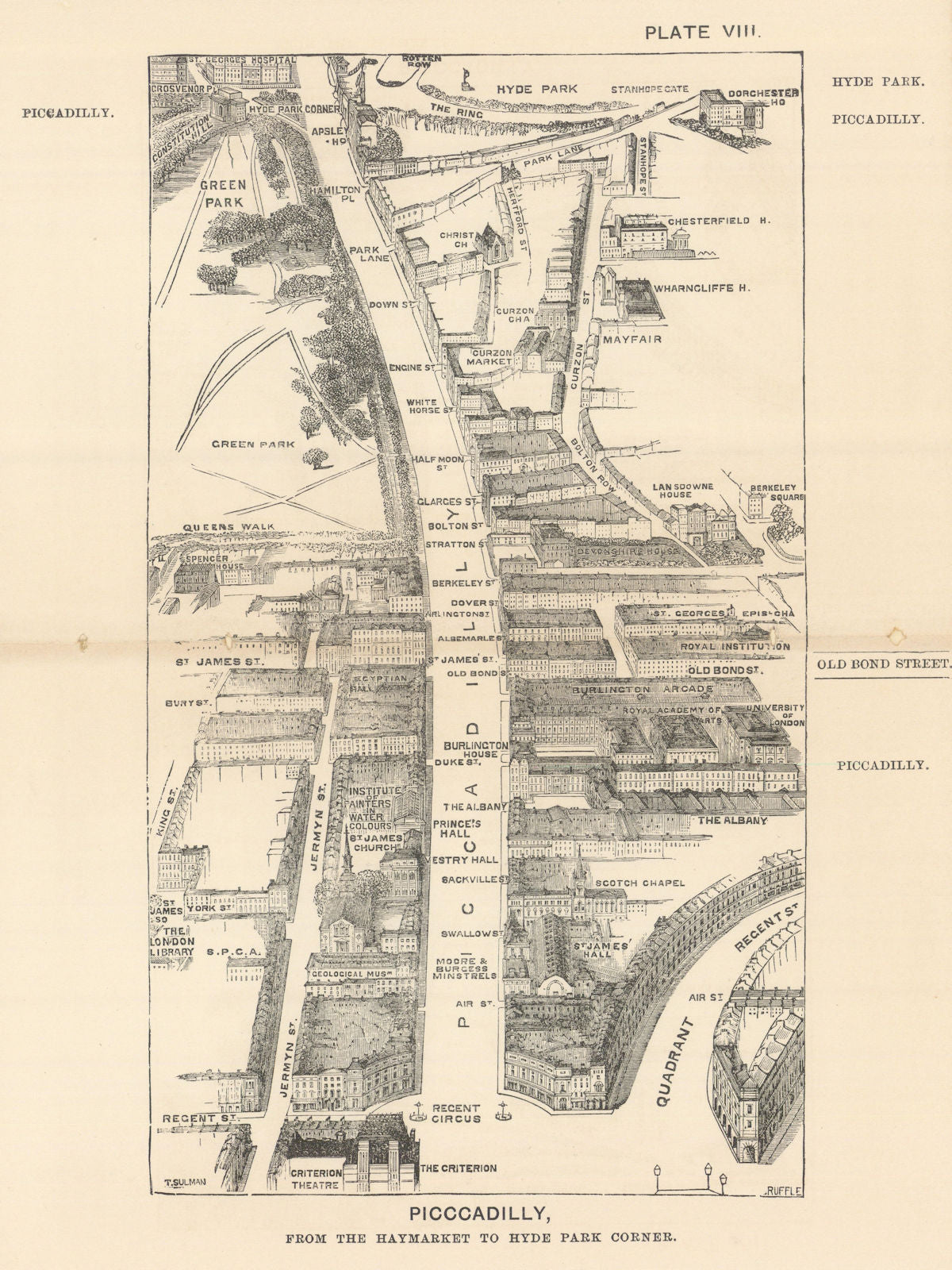 Piccadilly bird's eye view. Haymarket to Hyde Park Corner. SULMAN 1890 old map